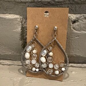 Chico's Statement Earrings Silver Tone White Bead Pearl Teardrop Dangle Drop